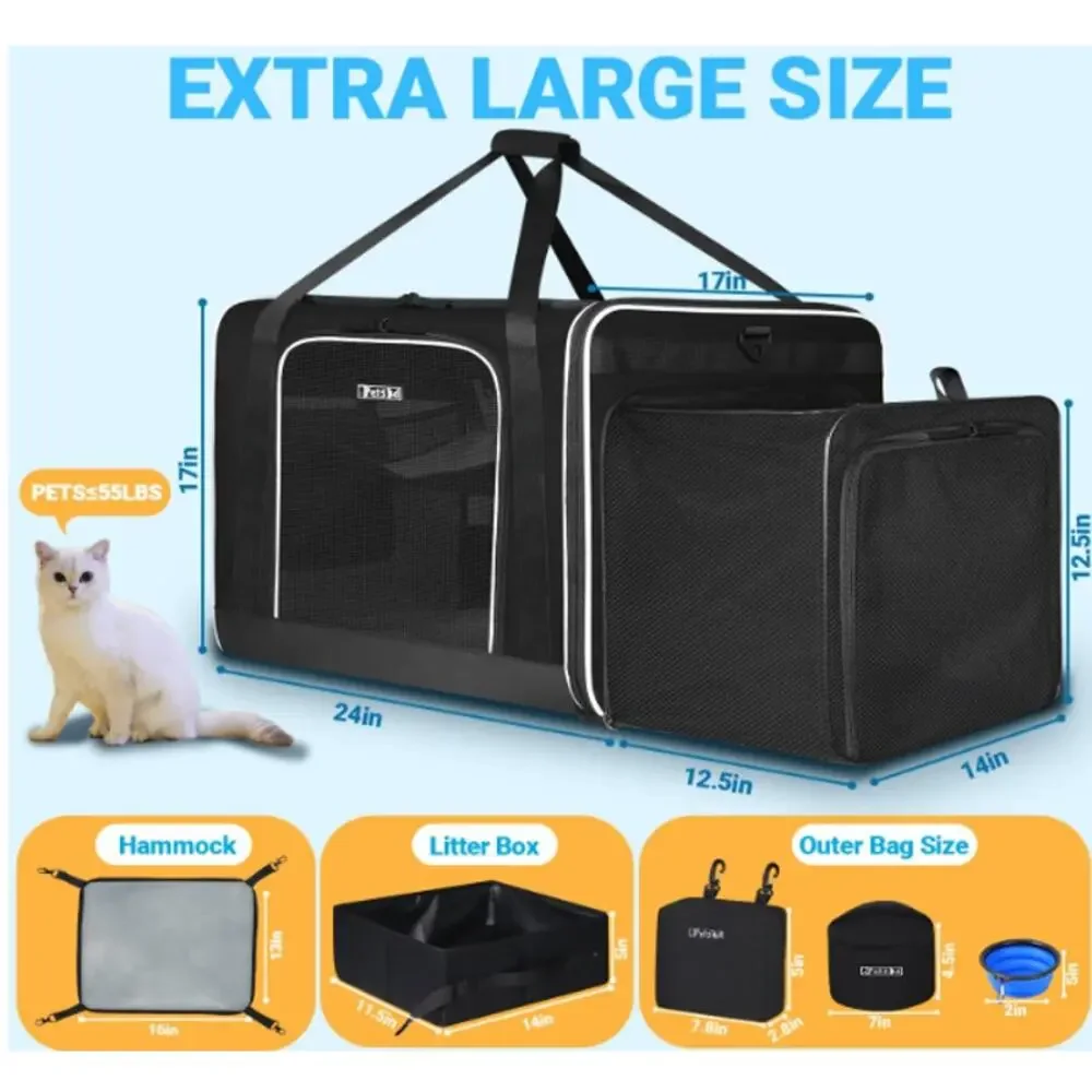 Petskd Store Side Expandable Extra Large Cat Carrier with Litter Box, Black